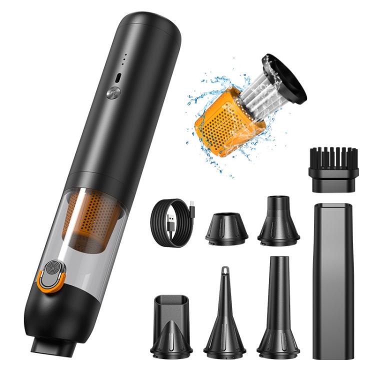 Handheld cordless vacuum cleaner in black with orange filter and included nozzle attachments