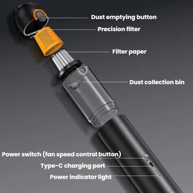 Black handheld cordless vacuum cleaner underside with dust bin and control buttons