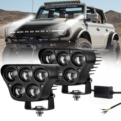 Pair of black 5-inch multi-LED spotlights with mounting brackets and wiring harness