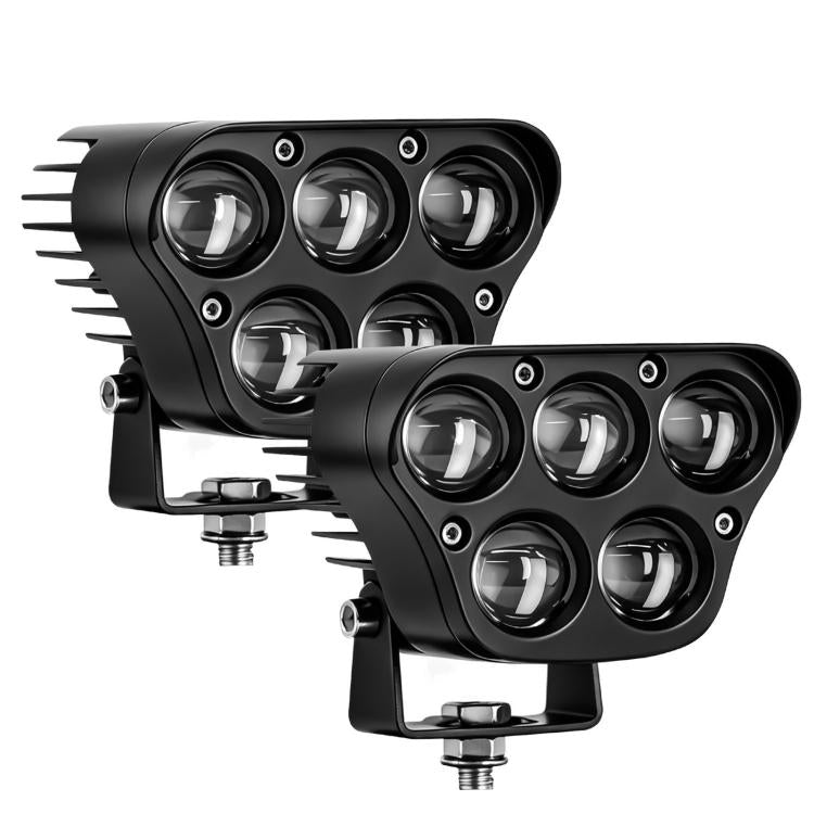 Pair of black 5-inch quad-row LED spotlights with curved mounting brackets