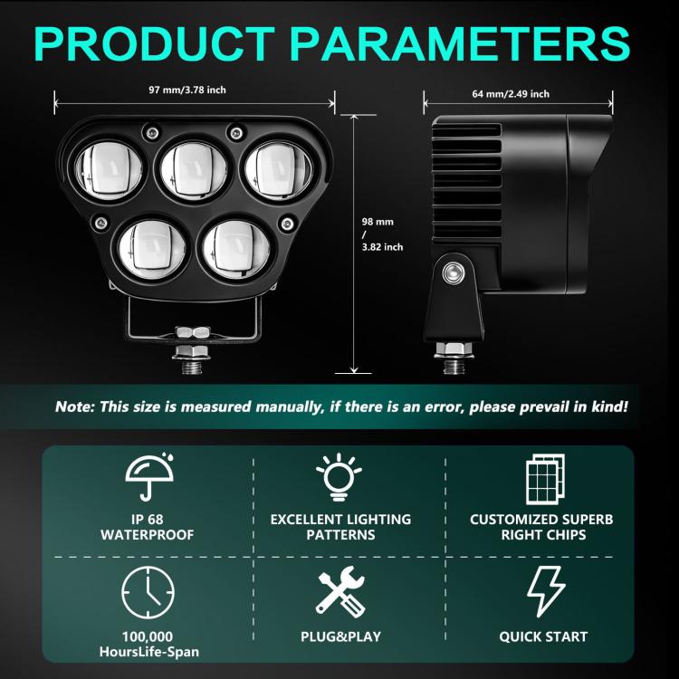 5-inch quad-LED spotlight dimensions diagram with front and side views
