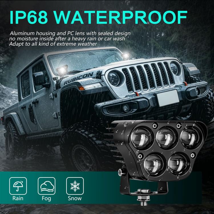 IP68 rated black quad-LED off-road spotlight with PC lens and sealed housing