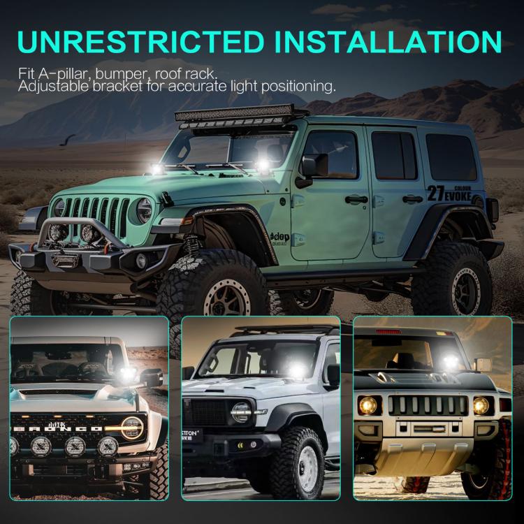 Spotlight installation guide showing bracket mounting positions on a Jeep