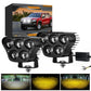 Pair of black 5-inch LED spotlights with round lenses and brackets, with wire harness