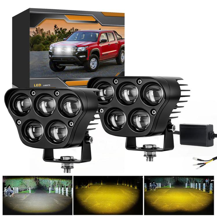 Pair of black 5-inch LED spotlights with round lenses and brackets, with wire harness