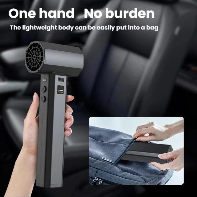 Handheld dust extractor blower fan with compact gray body and front circular intake grille