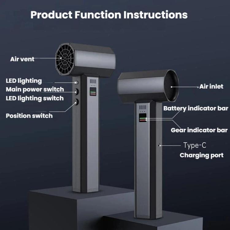 Handheld blower fan with air vent and LED/battery indicator bar on side control panel