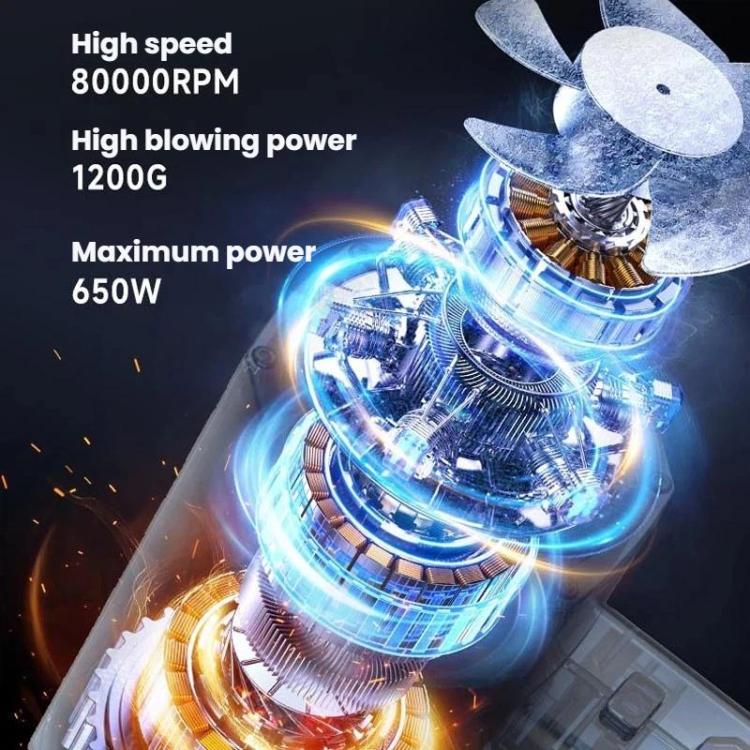 High-power cordless blower fan showing illuminated internal motor fan detail
