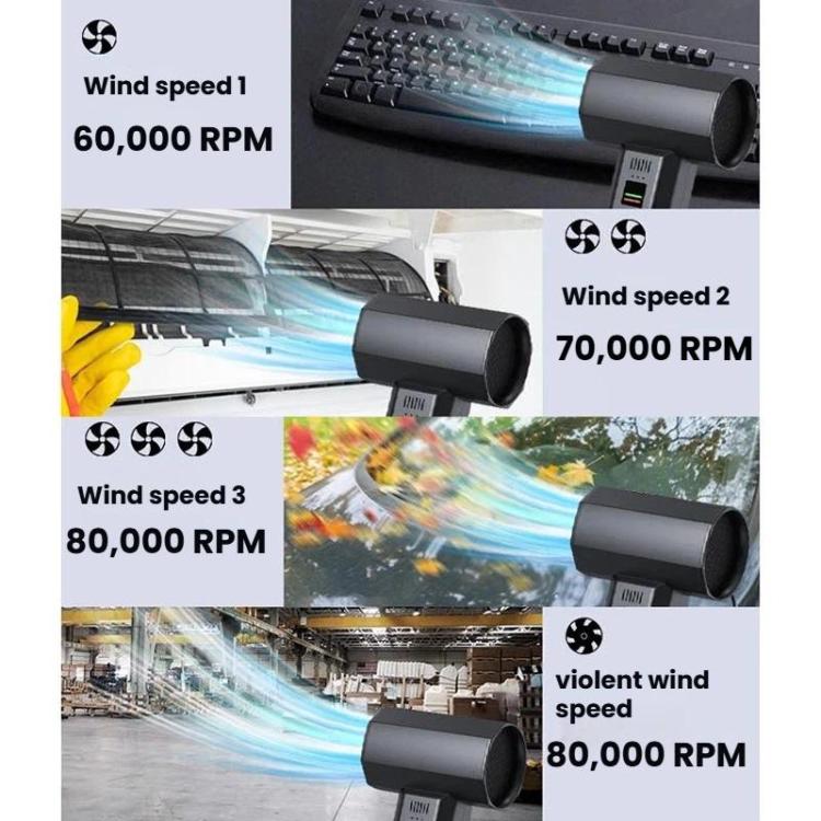 Cordless blower fan nozzle shown with multiple wind-speed settings and airflow effects