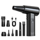 Cordless mini dust blower kit with detachable nozzles and cable, black and silver