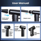 Dust blower diagram: adapter nozzle, LED light, air inlet, heat vent