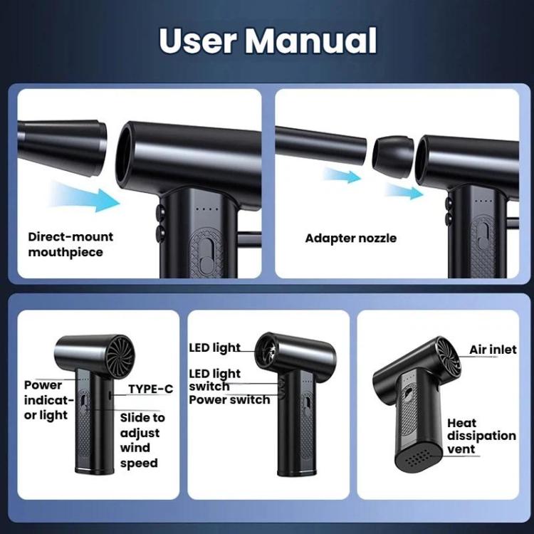 Dust blower diagram: adapter nozzle, LED light, air inlet, heat vent