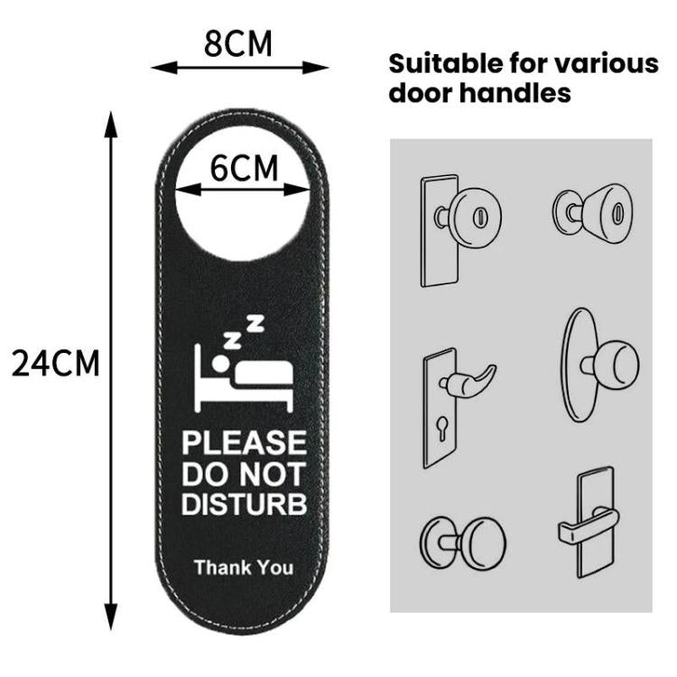 Black leather reversible door hanger sign, sized 24cm tall, “Do Not Disturb” on front.