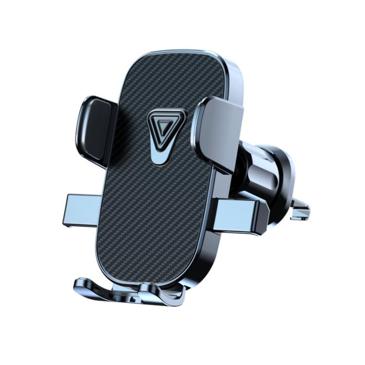 Car air vent phone holder with textured carbon-fiber style cradle and side vent clamps