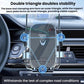 Car air vent phone holder with adjustable clamp and protective cradle on dashboard