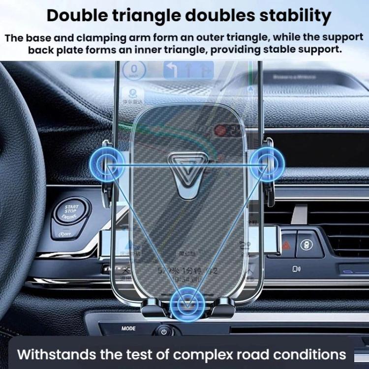 Car air vent phone holder with adjustable clamp and protective cradle on dashboard
