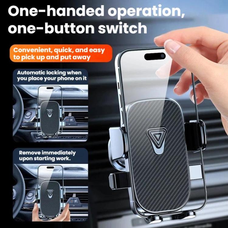 Car air vent phone holder with a hand pressing the one-button lock mechanism