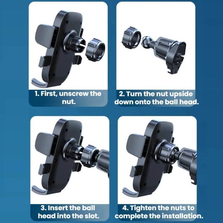 Car air vent phone mount installation showing ball head and tightening steps