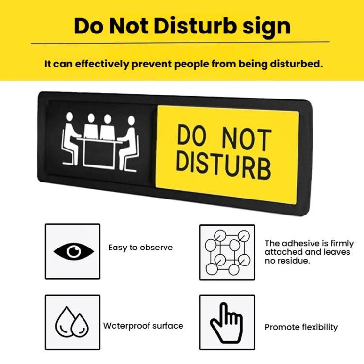 Sliding Do Not Disturb sign with icons, yellow DO NOT DISTURB panel on black frame