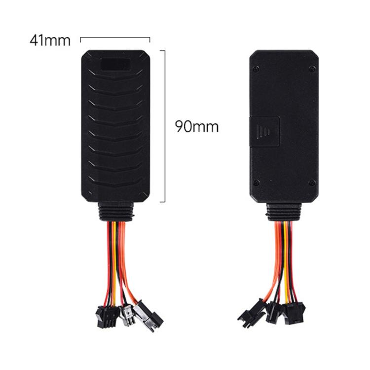Car GPS tracking device, front and back view, black housing with multi-pin base