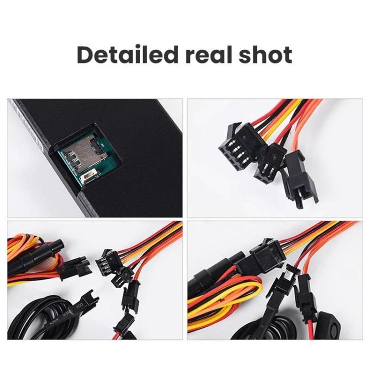 Black GPS tracking device connector ports with multi-wire plug harness close-up