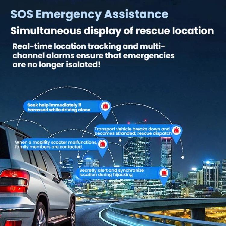 Car GPS SOS emergency assistance infographic with rescue location display icons