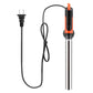 Submersible aquarium heater with stainless tube, orange top, and power cord with plug