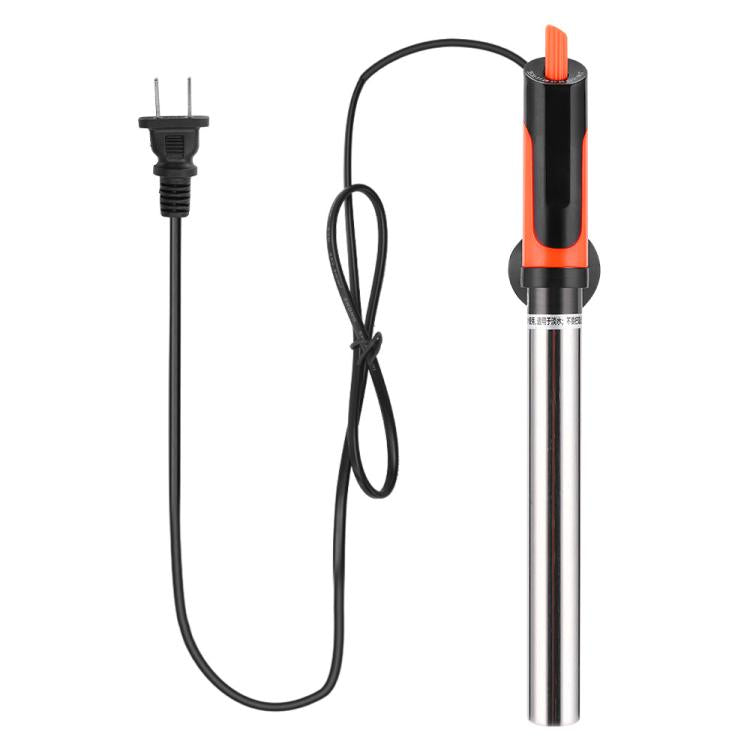 Submersible aquarium heater with stainless tube, orange top, and power cord with plug