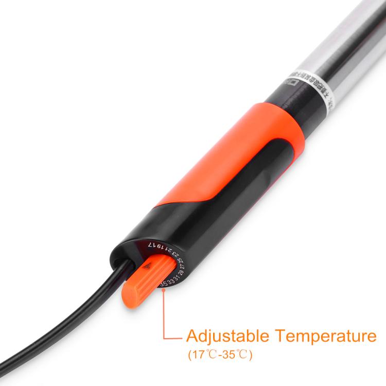 Submersible aquarium heater with orange adjustable control section and attached power cord