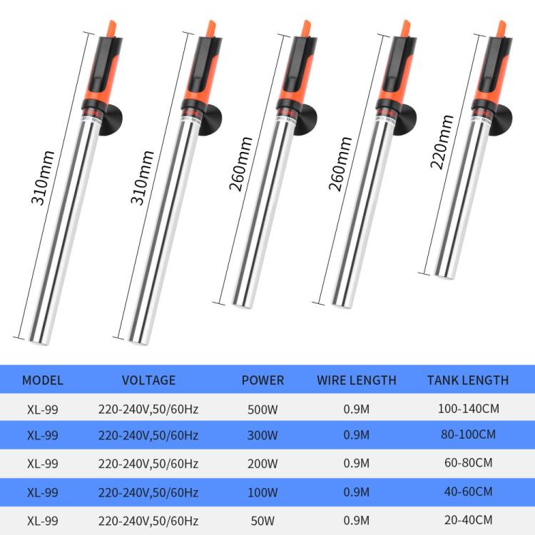 XL-99 submersible aquarium heater length chart showing multiple tube sizes