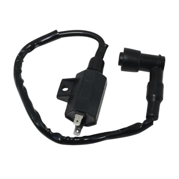 Ignition coil assembly with black connector pins and wire harness, motorcycle