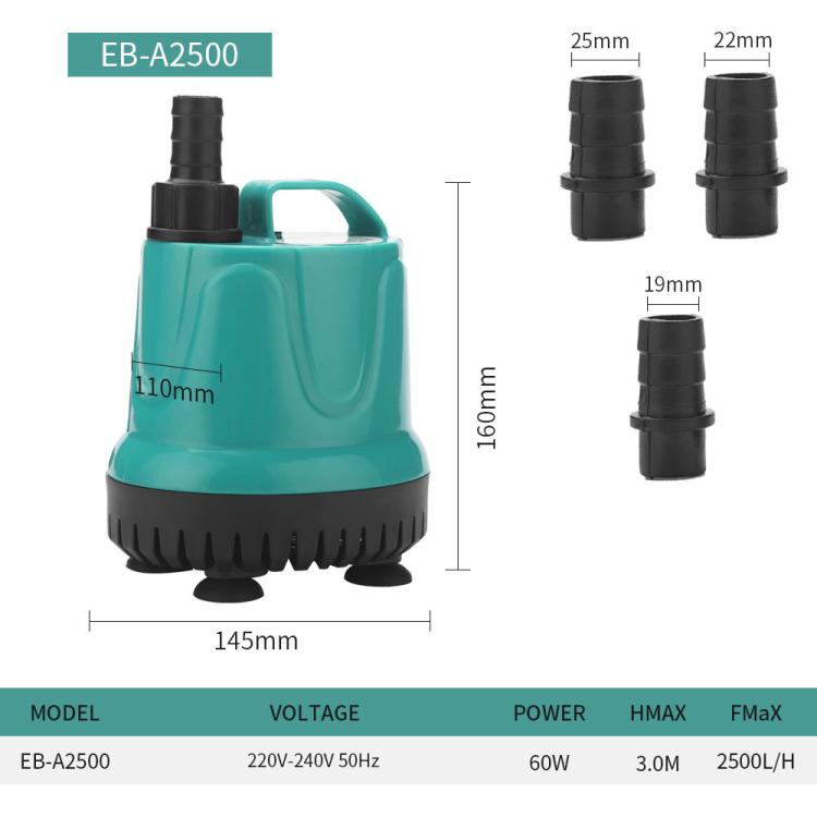 Teal submersible aquarium pump with black outlet nozzle and stacked connector fittings