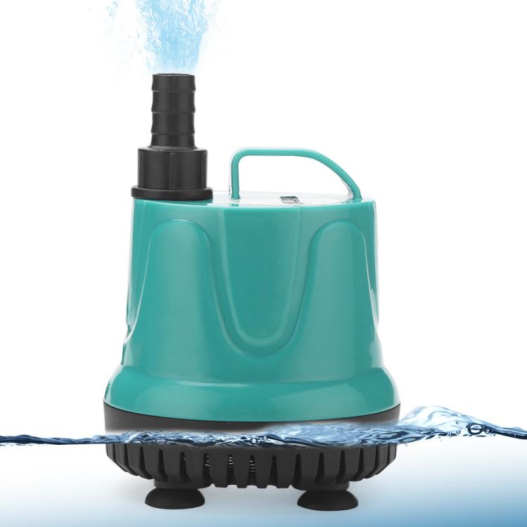 Teal submersible aquarium pump with black outlet nozzle, water discharge visible