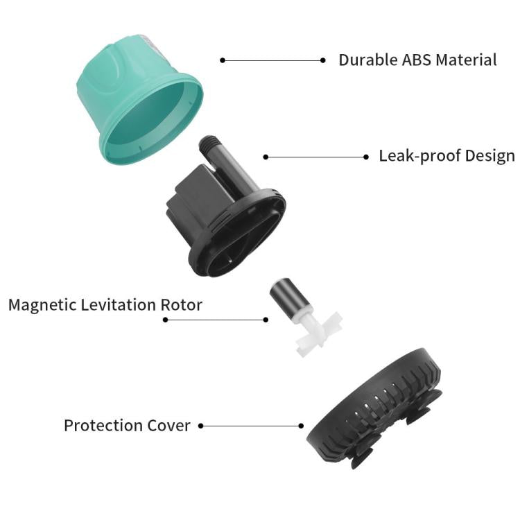 Submersible aquarium pump with teal housing, black base, and nozzle parts