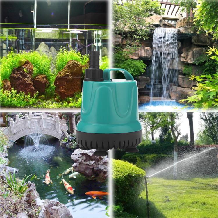 Submersible aquarium pump with teal body spraying water into pond