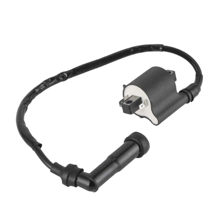 Black ignition coil with attached wiring harness and spark plug lead