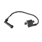 Black ignition coil with wiring harness and spark plug lead, mounting tab