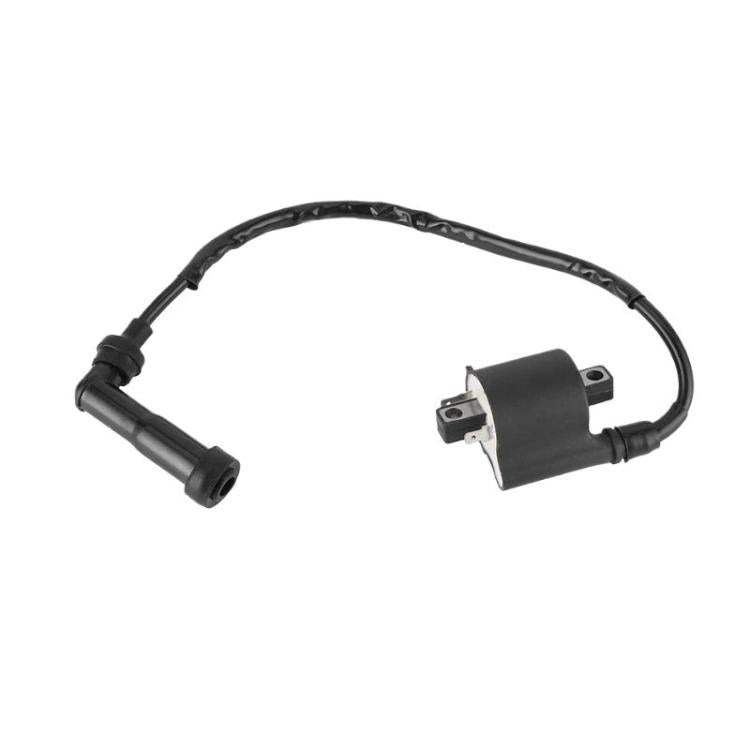 Black ignition coil with wiring harness and spark plug lead, mounting tab