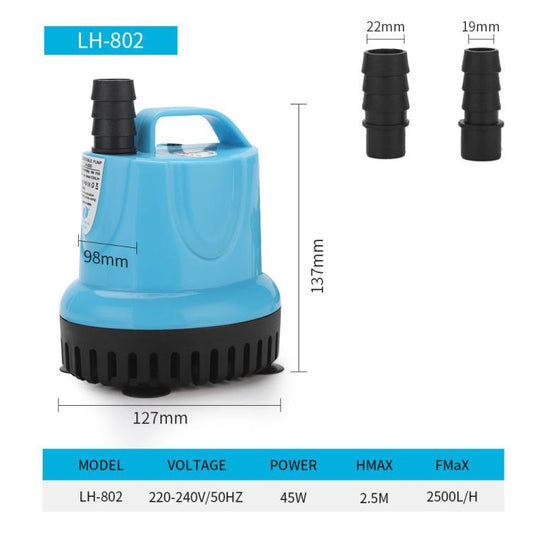 Submersible aquarium water pump LH-802, blue body, black base, 45W rating