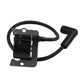 Ignition coil module with black wires, spark lead boot, and metal bracket