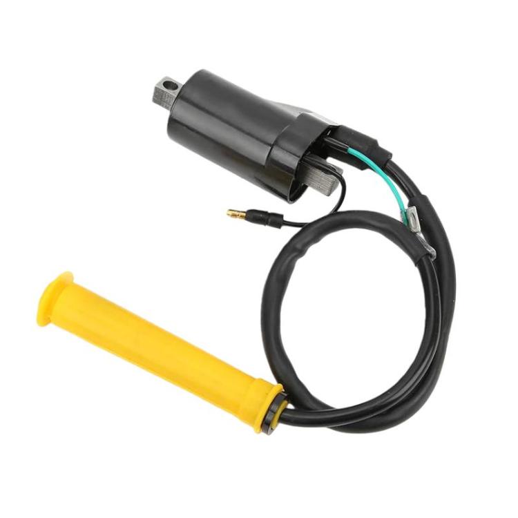 Ignition coil module with attached leads and yellow spark-plug cap boot