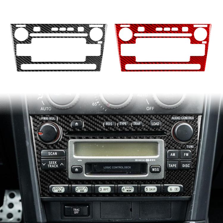 Black and red carbon-fiber car radio panel stickers side-by-side with cutouts