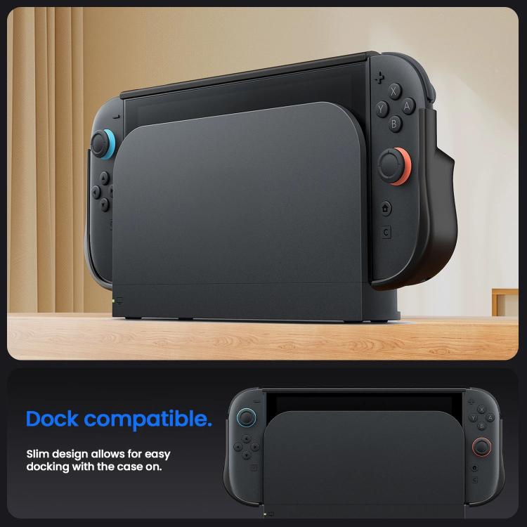 Black dock-compatible protective case for Switch 2 with controller grips attached