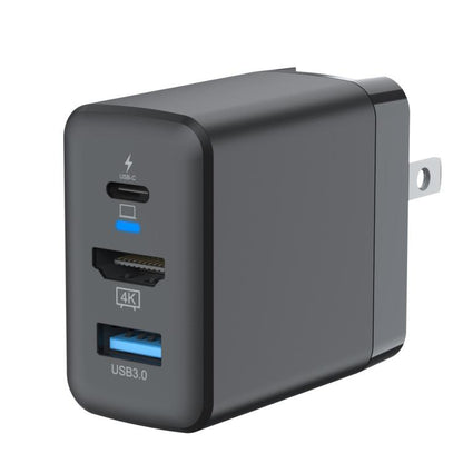 Black power dock adapter with USB-C, HDMI 4K, and USB 3.0 ports