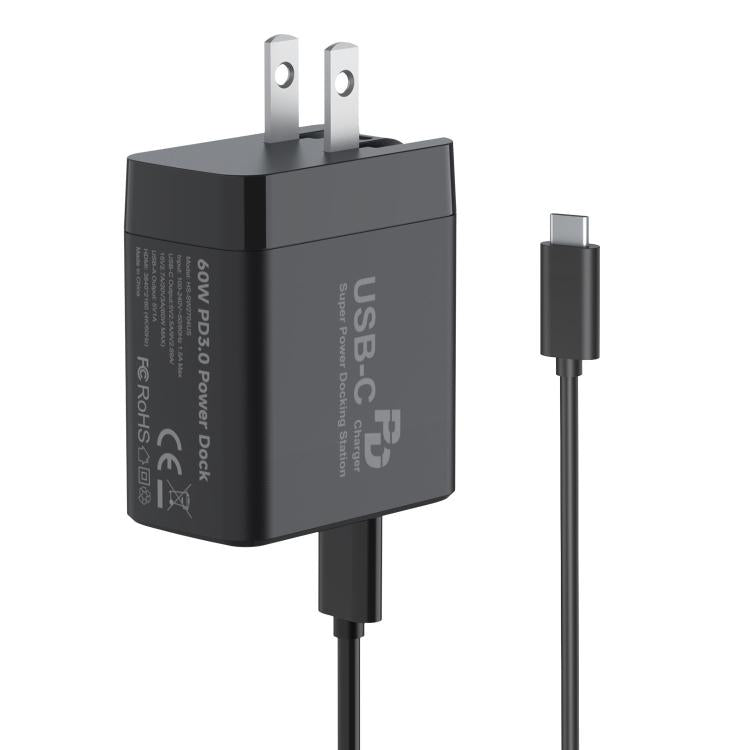 Black US plug power adapter with built-in USB-C port and cable