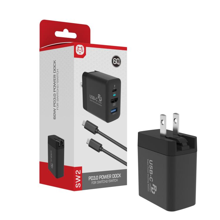 USB-C power dock adapter packaging and black wall charger with cables