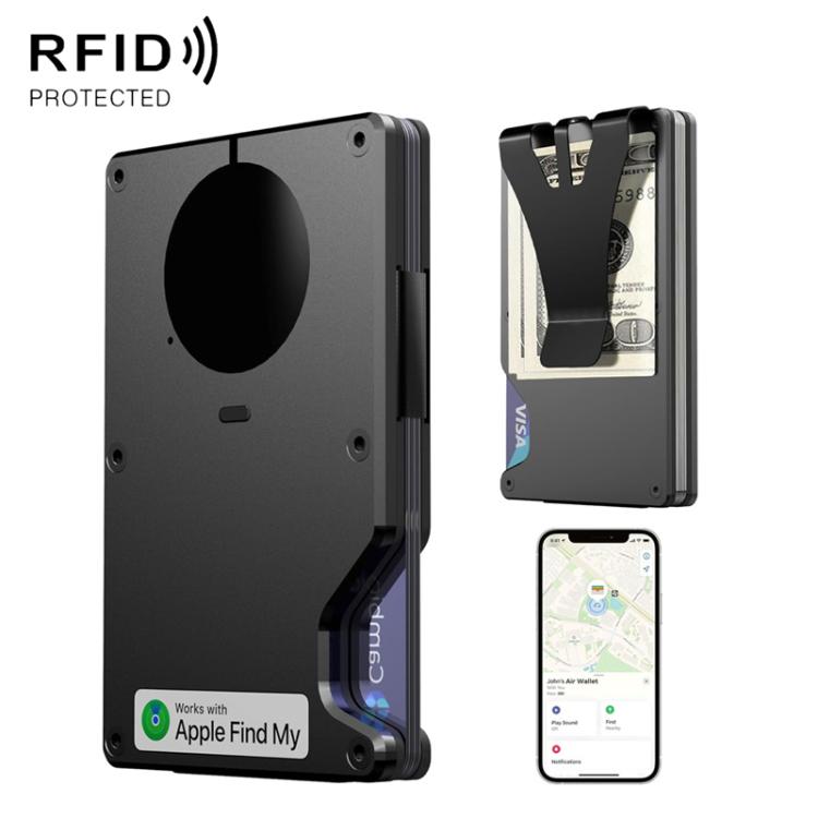 Black metal tracker wallet with card slot and built-in anti-loss chip