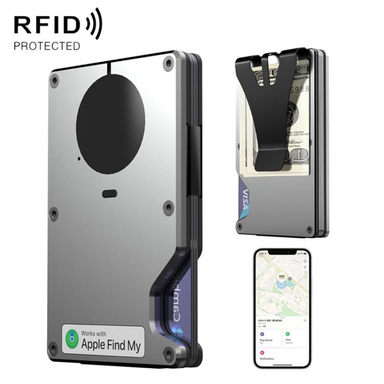 Gray metal tracker wallet with card slot and built-in anti-loss chip