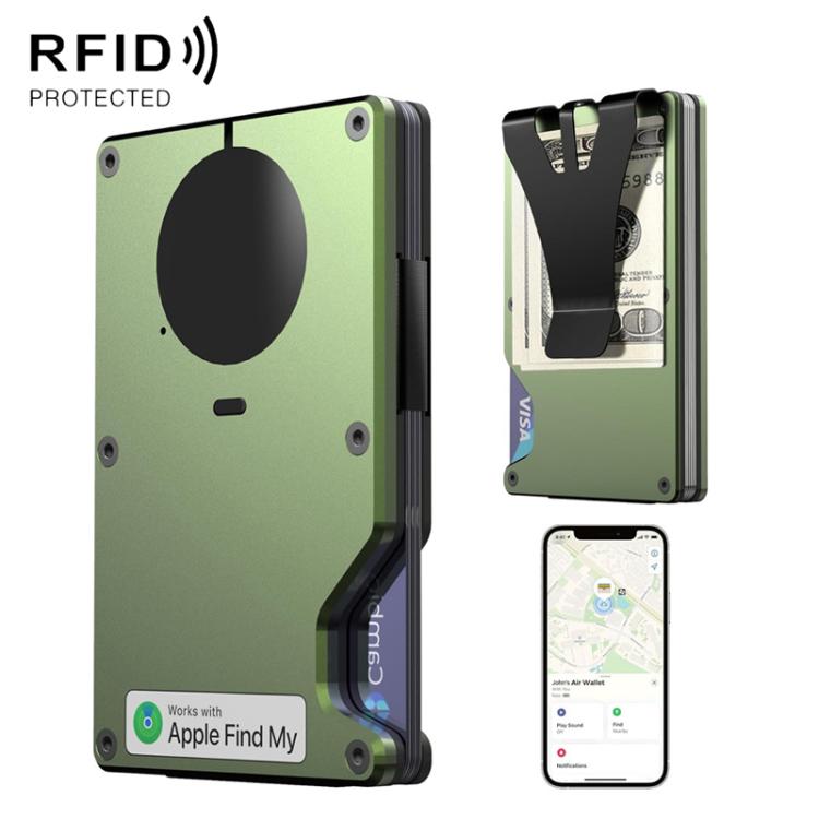 Army green metal tracker wallet with card slot and built-in anti-loss chip