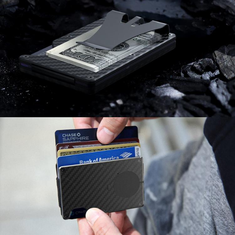 Carbon fiber metal tracker wallet holding cash and cards